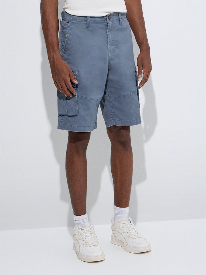 WES Casuals Dusty Blue Relaxed-Fit Cotton-Blend Shorts