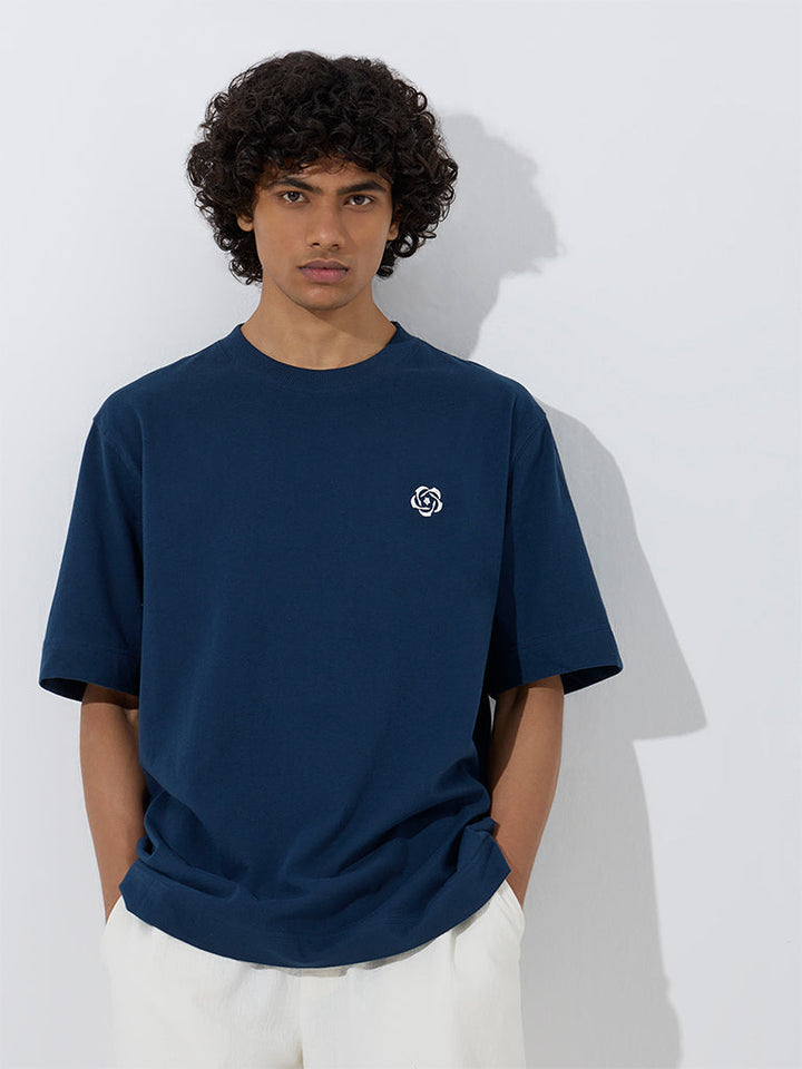 Studiofit Dark Blue Typographic Relaxed-Fit Cotton T-Shirt