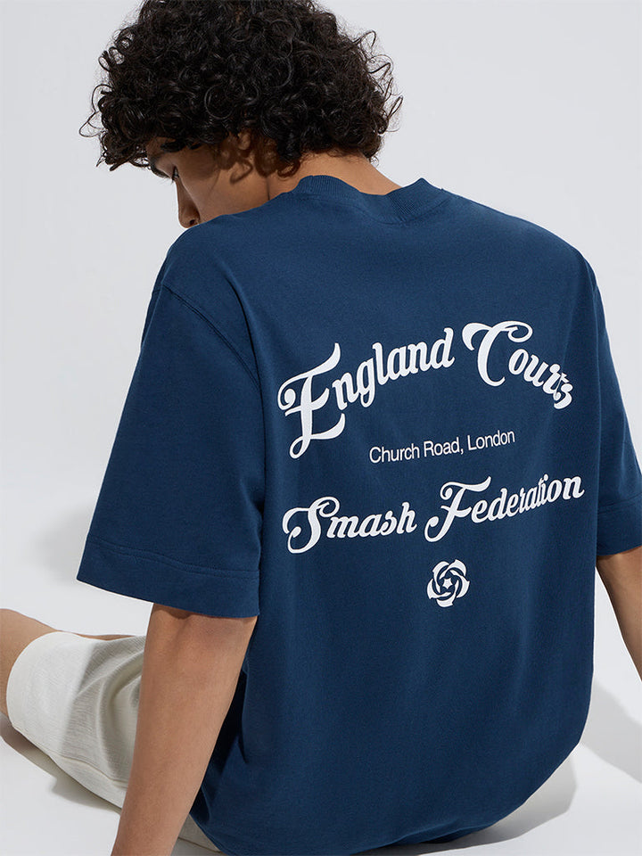 Studiofit Dark Blue Typographic Relaxed-Fit Cotton T-Shirt