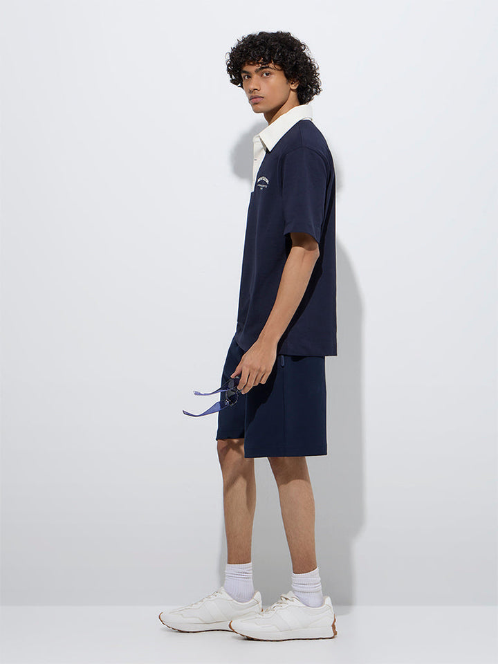 Studiofit Navy Relaxed-Fit Cotton-Blend Polo T-Shirt