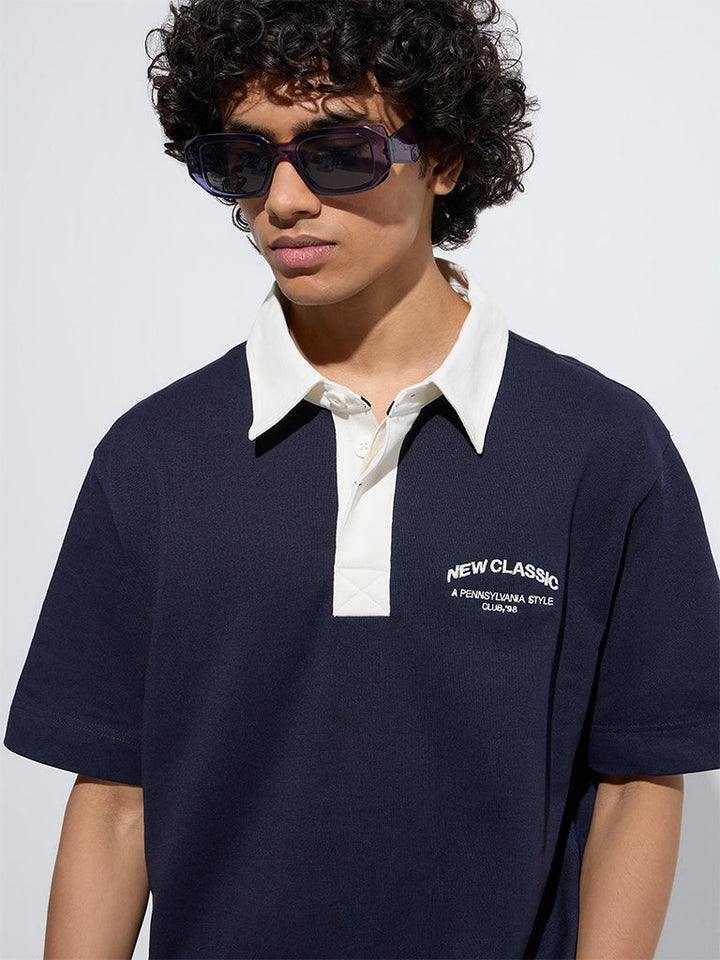Studiofit Navy Relaxed-Fit Cotton-Blend Polo T-Shirt