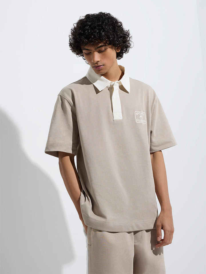 Studiofit Beige Relaxed-Fit Cotton-Blend Polo T-Shirt