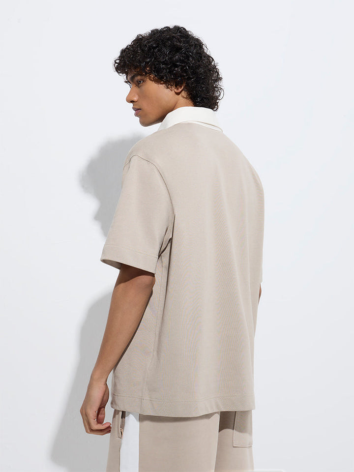 Studiofit Beige Relaxed-Fit Cotton-Blend Polo T-Shirt