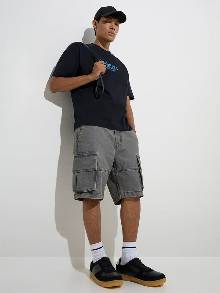 Nuon Grey Relaxed-Fit Mid-Rise Cotton Shorts