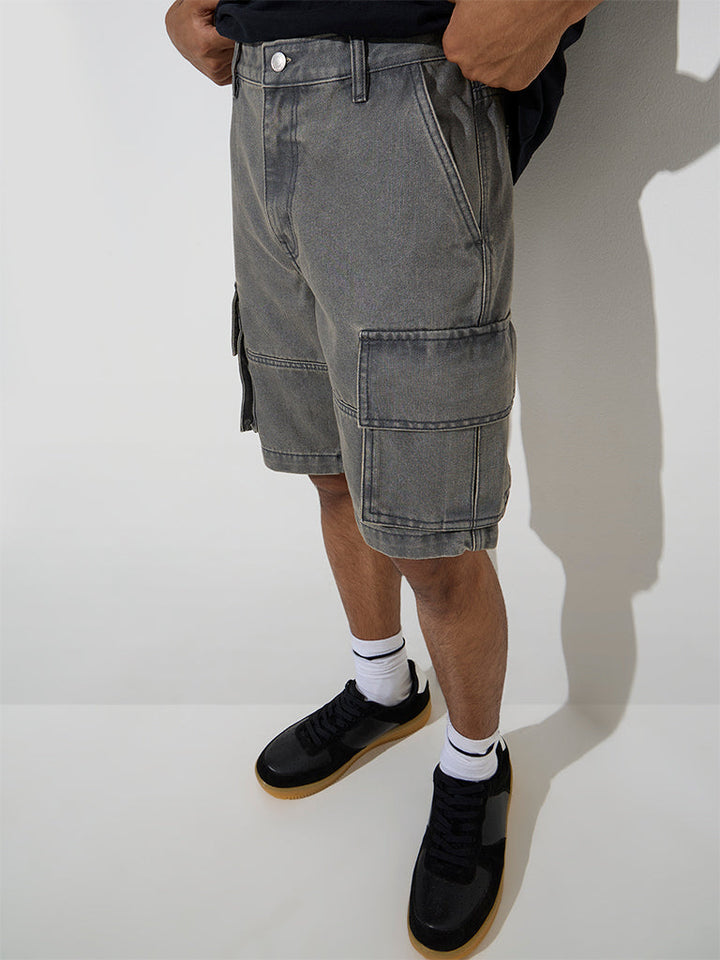 Nuon Grey Relaxed-Fit Mid-Rise Cotton Shorts