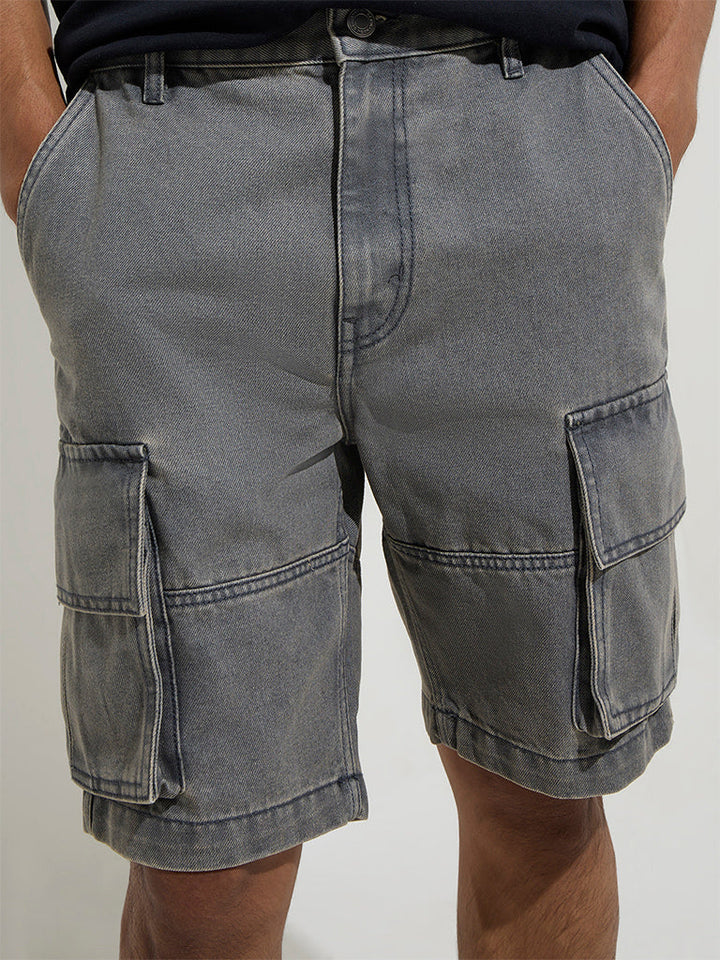 Nuon Grey Relaxed-Fit Mid-Rise Cotton Shorts