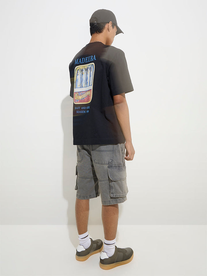 Nuon Grey Relaxed-Fit Mid-Rise Cotton Shorts