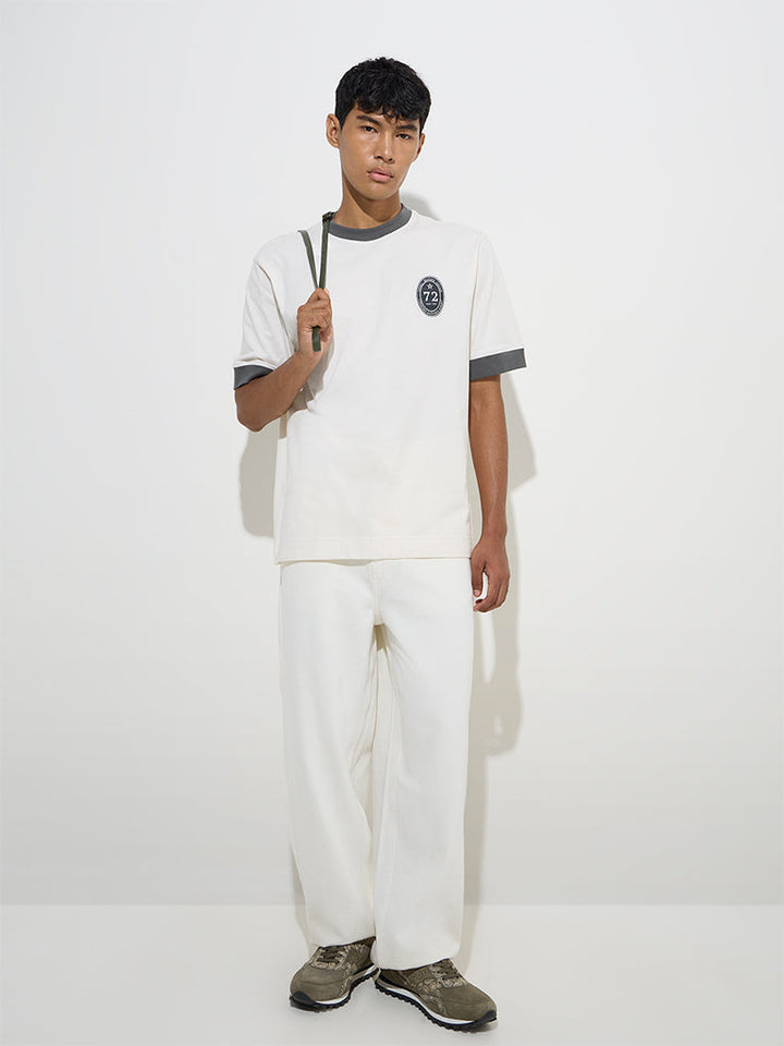 Nuon Off-White Text Design Relaxed-Fit Cotton T-Shirt