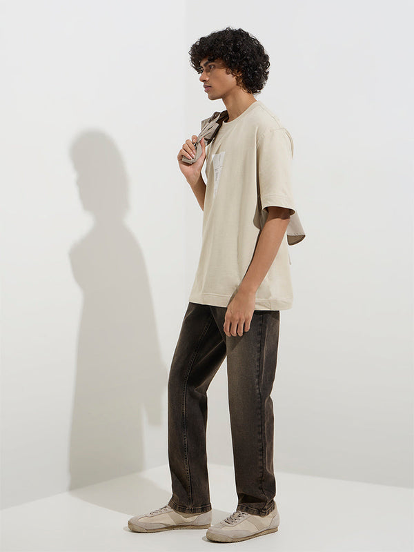 Nuon Beige Printed Relaxed-Fit Cotton T-Shirt