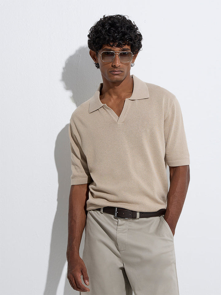 Ascot Beige Solid Relaxed-Fit Cotton-Blend Polo T-Shirt