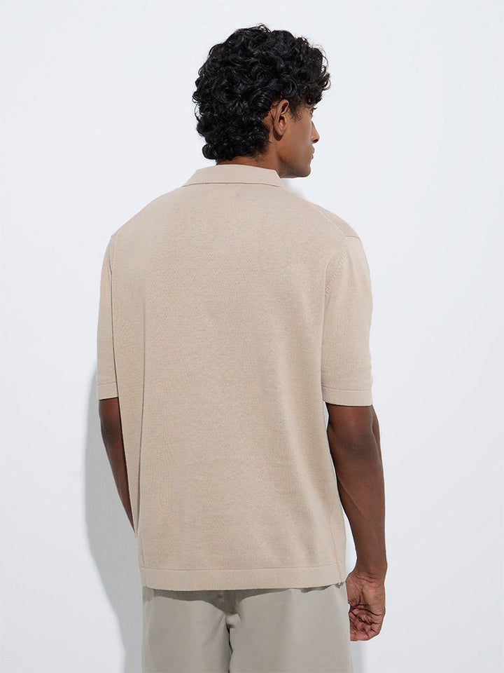 Ascot Beige Solid Relaxed-Fit Cotton-Blend Polo T-Shirt
