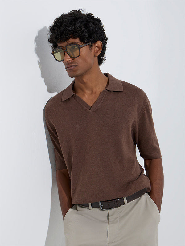 Ascot Brown Solid Relaxed-Fit Cotton-Blend Polo T-Shirt