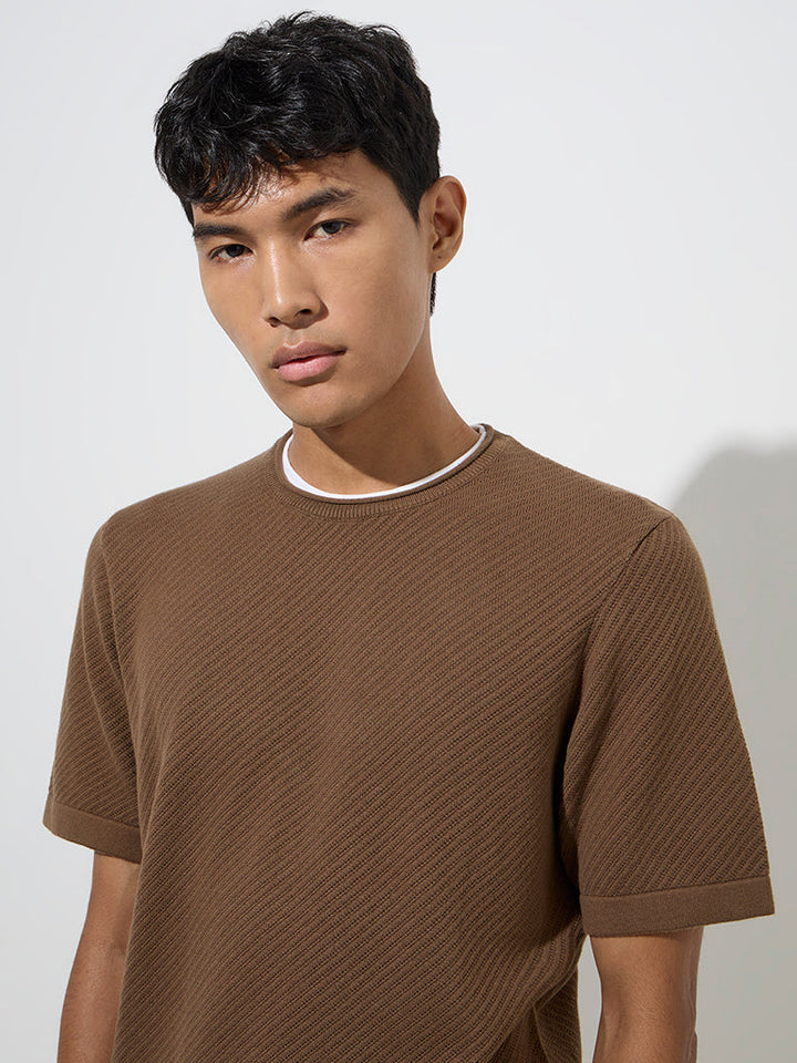 ETA Brown Ribbed Relaxed-Fit Cotton T-Shirt