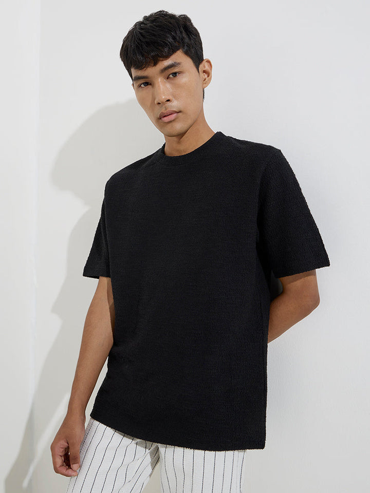 ETA Black Self-Textured Relaxed-Fit T-Shirt