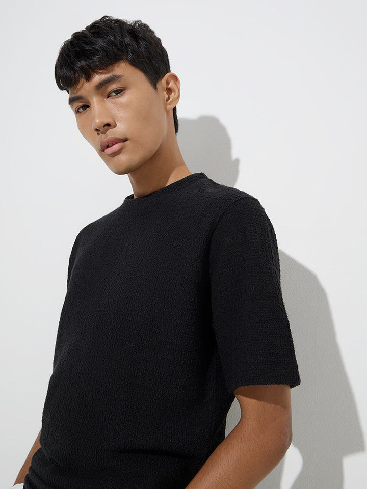 ETA Black Self-Textured Relaxed-Fit T-Shirt