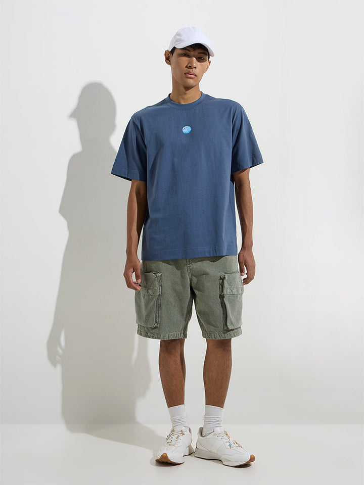 Nuon Dusty Blue Text Printed Relaxed-Fit Cotton T-Shirt