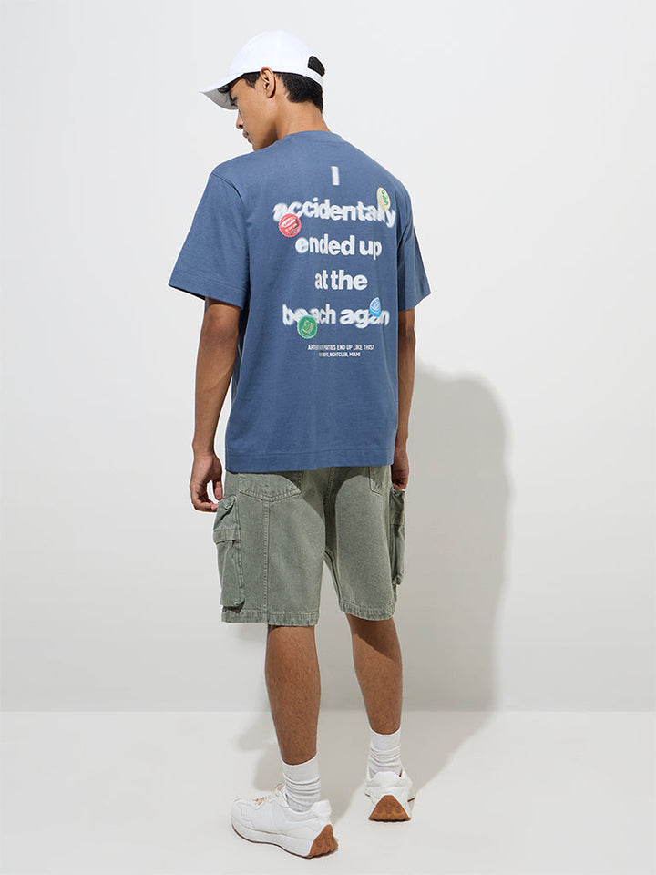 Nuon Dusty Blue Text Printed Relaxed-Fit Cotton T-Shirt