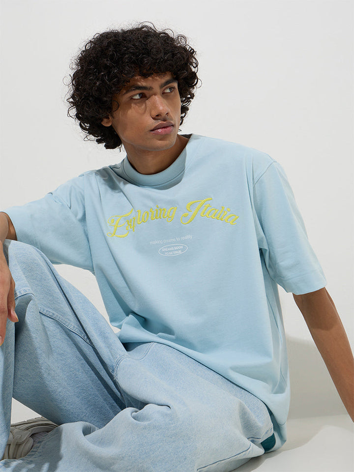 Nuon Light Blue Cityscape Relaxed-Fit Cotton T-Shirt