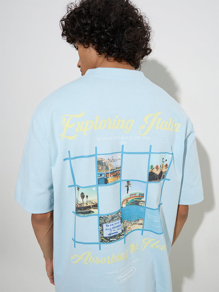 Nuon Light Blue Cityscape Relaxed-Fit Cotton T-Shirt