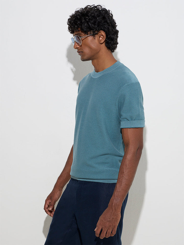 Ascot Teal Knit-Textured Relaxed-Fit T-Shirt