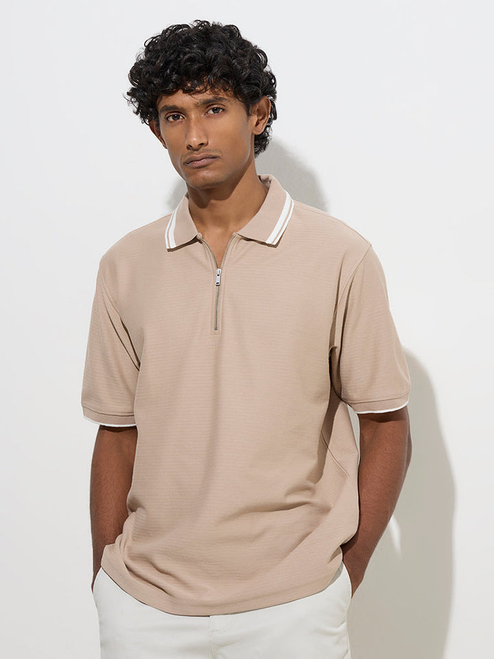 WES Casuals Beige Relaxed-Fit Quarter-Zip T-Shirt