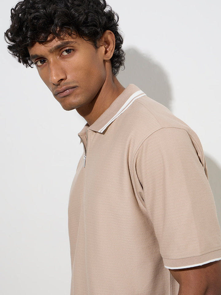 WES Casuals Beige Relaxed-Fit Quarter-Zip T-Shirt