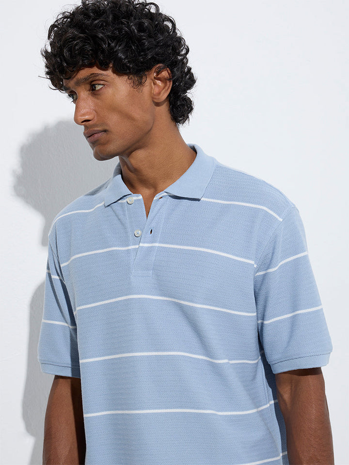 WES Casuals Light Blue Striped Relaxed-Fit Cotton-Blend Polo T-Shirt