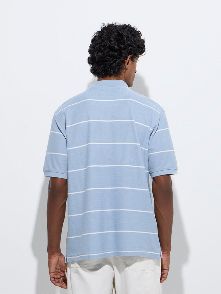 WES Casuals Light Blue Striped Relaxed-Fit Cotton-Blend Polo T-Shirt