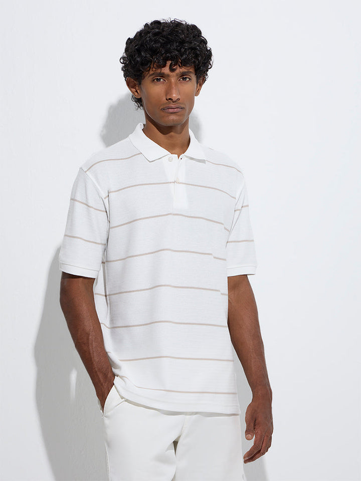 WES Casuals White Striped Relaxed-Fit Cotton-Blend Polo T-Shirt