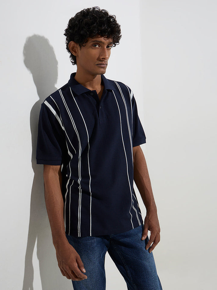 WES Casuals Navy Relaxed-Fit Cotton-Blend Polo T-Shirt