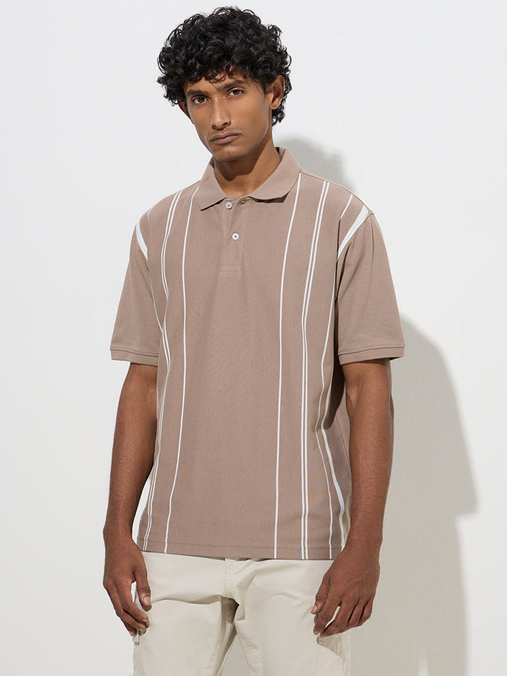 WES Casuals Taupe Relaxed-Fit Cotton-Blend Polo T-Shirt