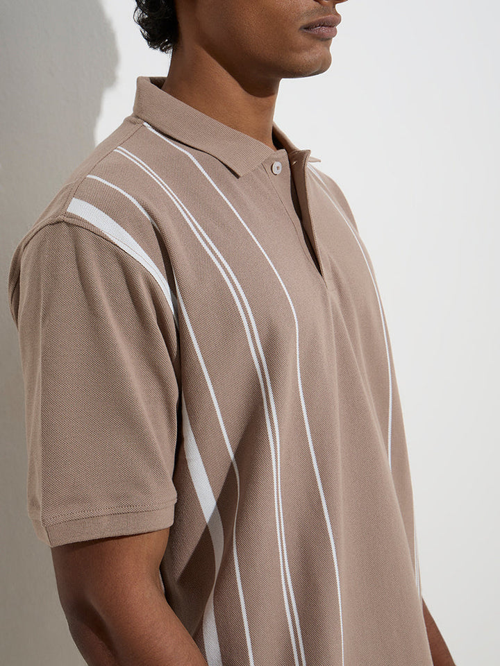 WES Casuals Taupe Relaxed-Fit Cotton-Blend Polo T-Shirt