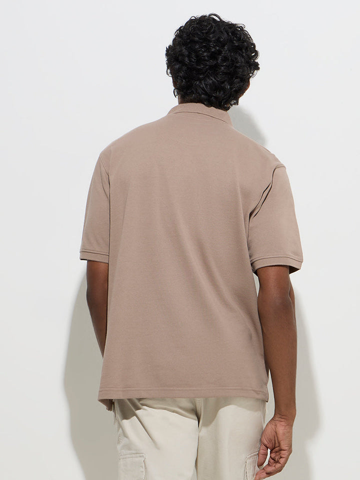 WES Casuals Taupe Relaxed-Fit Cotton-Blend Polo T-Shirt