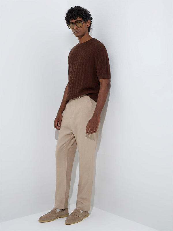 Ascot Brown Knit-Textured Relaxed-Fit Cotton T-Shirt