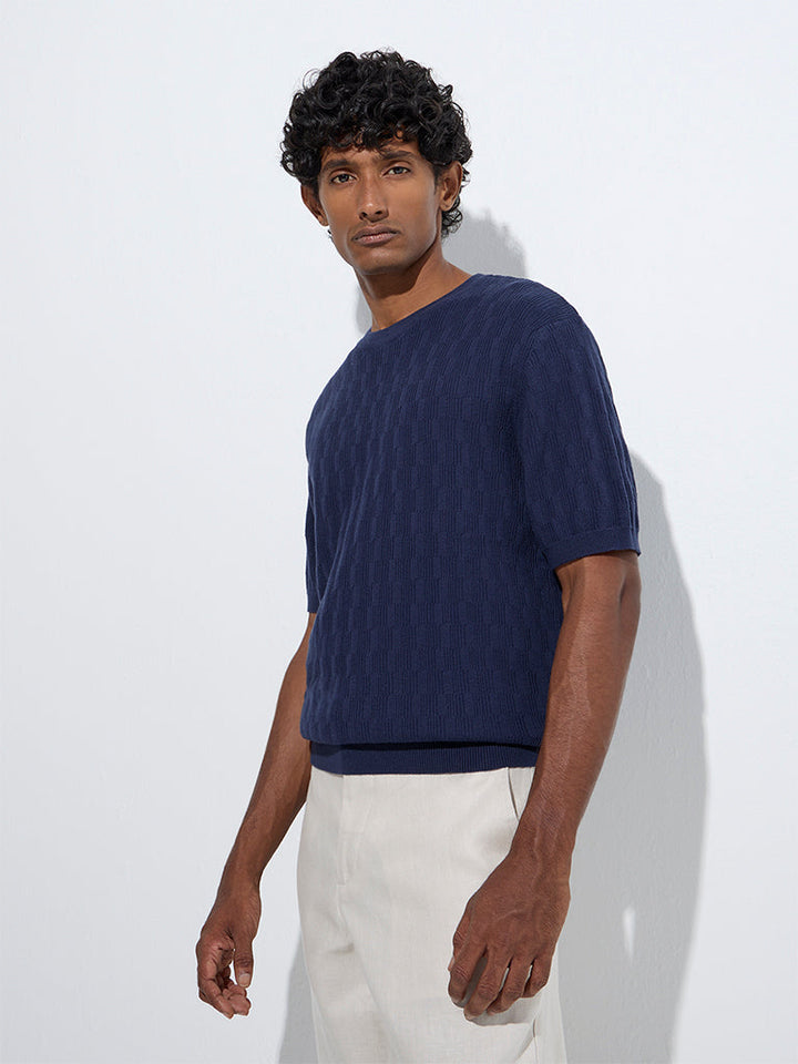 Ascot Navy Knit-Textured Relaxed-Fit Cotton T-Shirt