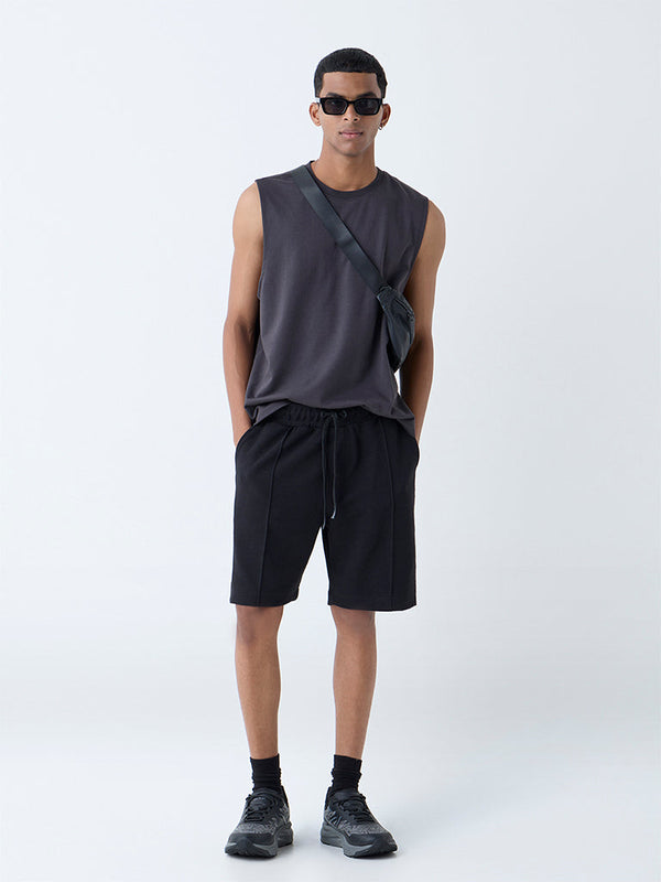 Studiofit Black Relaxed-Fit Mid-Rise Cotton-Blend Shorts