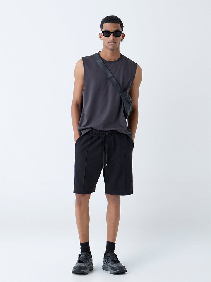Studiofit Black Relaxed-Fit Mid-Rise Cotton-Blend Shorts