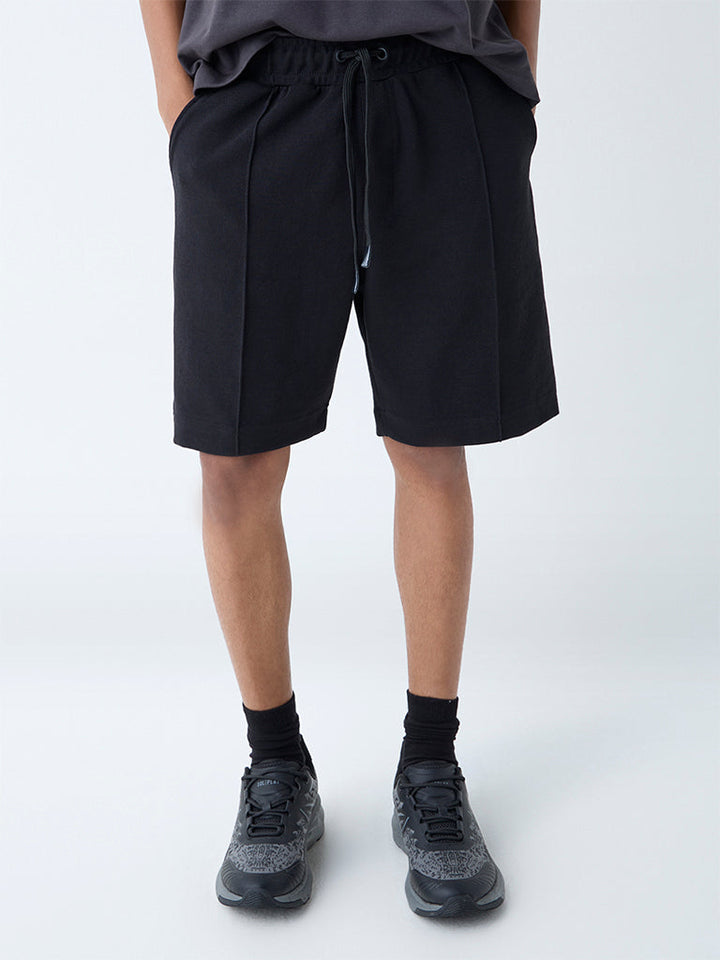 Studiofit Black Relaxed-Fit Mid-Rise Cotton-Blend Shorts