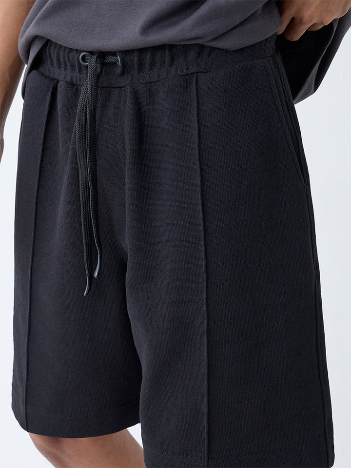 Studiofit Black Relaxed-Fit Mid-Rise Cotton-Blend Shorts