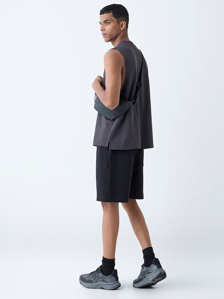 Studiofit Black Relaxed-Fit Mid-Rise Cotton-Blend Shorts