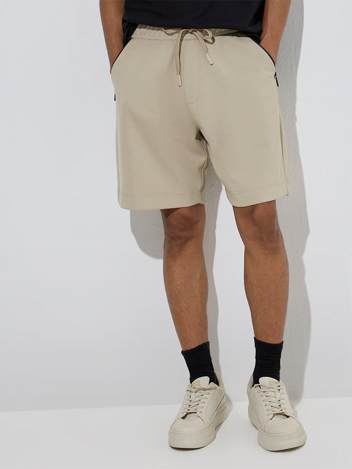 Studiofit Beige Relaxed-Fit Mid-Rise Shorts