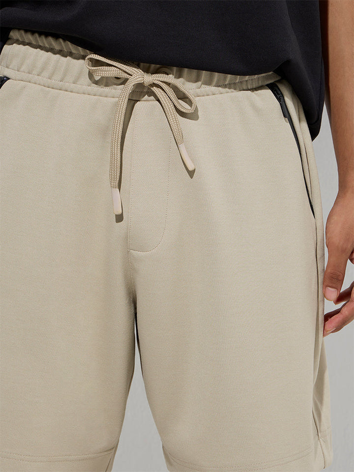 Studiofit Beige Relaxed-Fit Mid-Rise Shorts