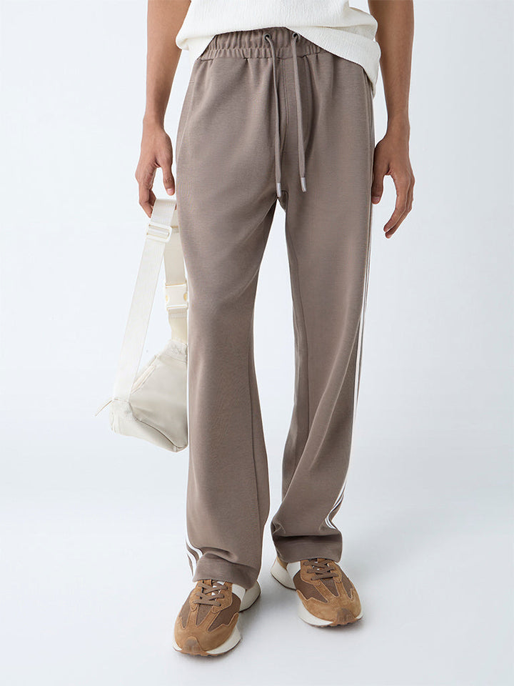 Studiofit Taupe Striped Mid-Rise Cotton-Blend Track Pants