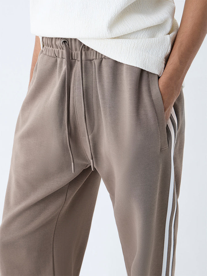 Studiofit Taupe Striped Mid-Rise Cotton-Blend Track Pants