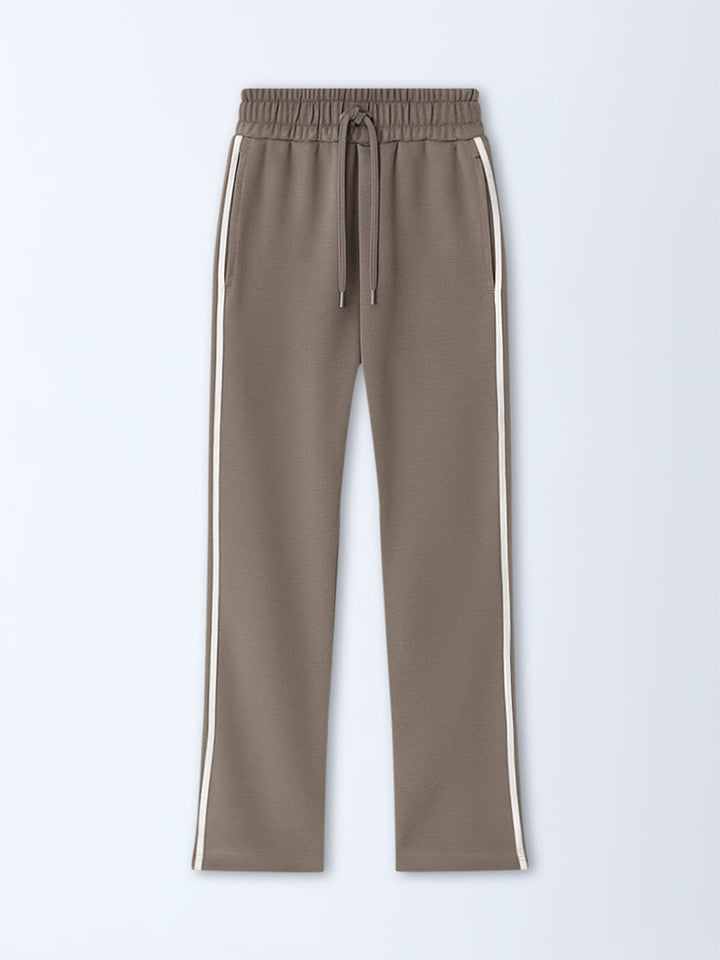 Studiofit Taupe Striped Mid-Rise Cotton-Blend Track Pants