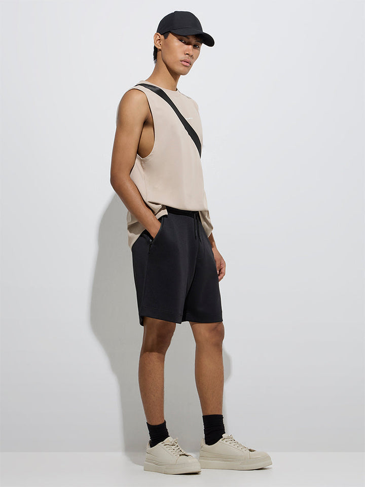 Studiofit Black Solid Relaxed-Fit Mid-Rise Shorts