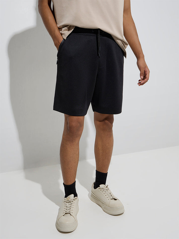 Studiofit Black Solid Relaxed-Fit Mid-Rise Shorts