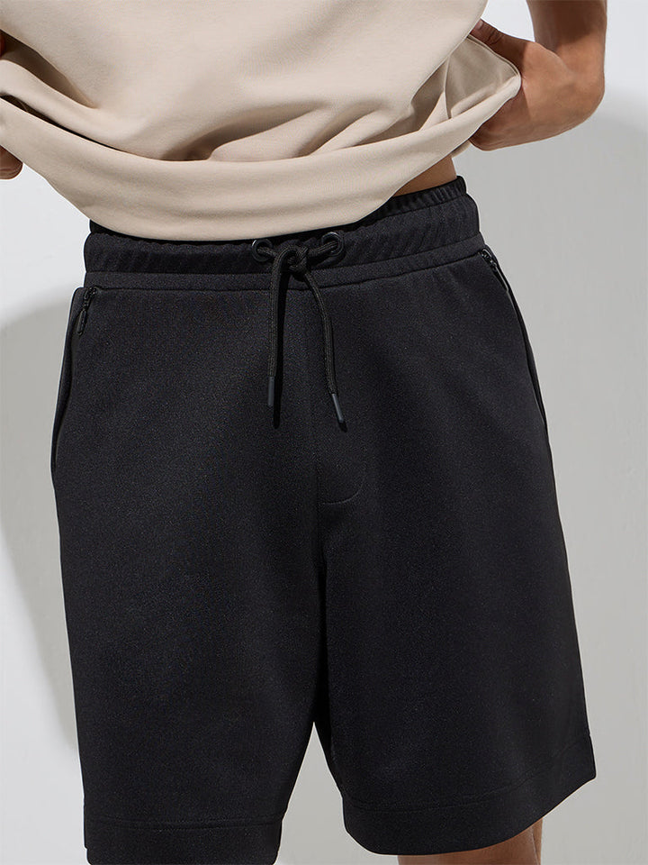 Studiofit Black Solid Relaxed-Fit Mid-Rise Shorts