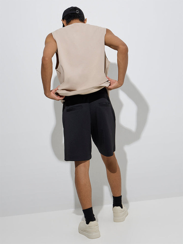 Studiofit Black Solid Relaxed-Fit Mid-Rise Shorts