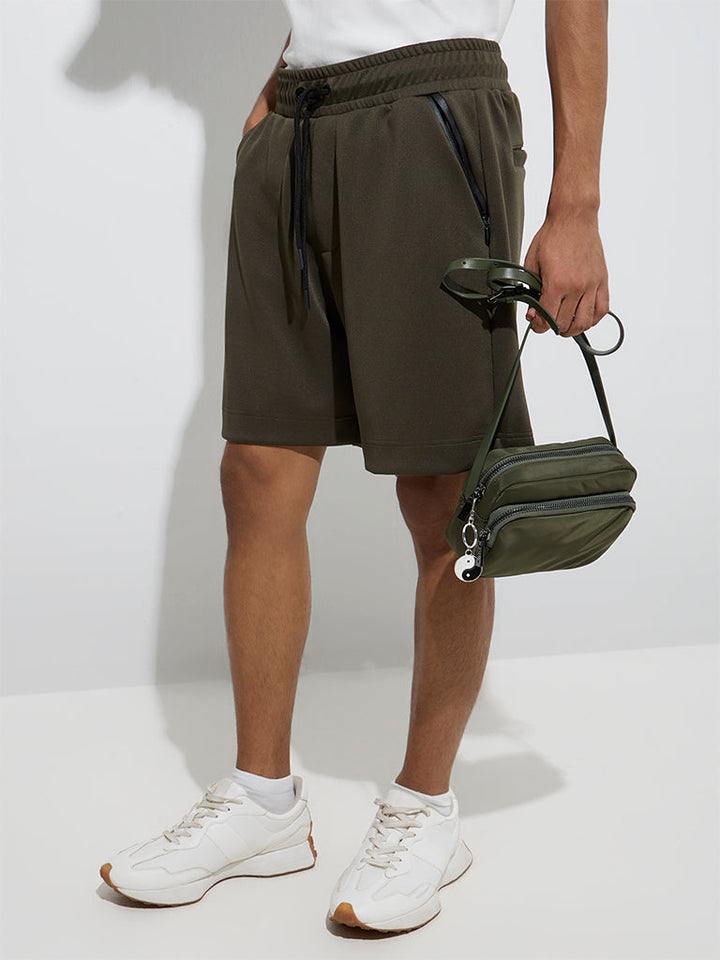 Studiofit Olive Solid Relaxed-Fit Mid-Rise Shorts